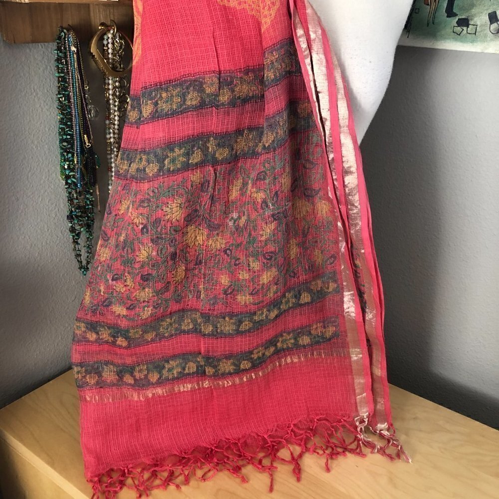 Silk Blend Floral Coral Pink Orange & Blue Paisley Metallic Wrap Scarf - NEW